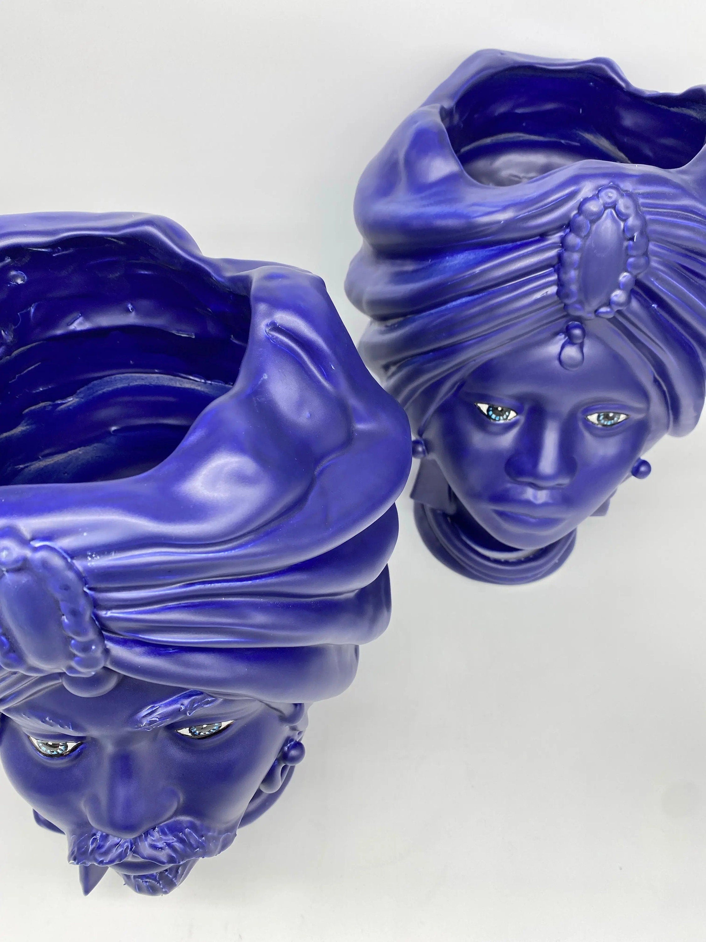 Teste di Moro Atena Ceramica Caltagirone cm H.30 L.23 Artigianale Blu Matt DD CERAMICHE SICILIANE