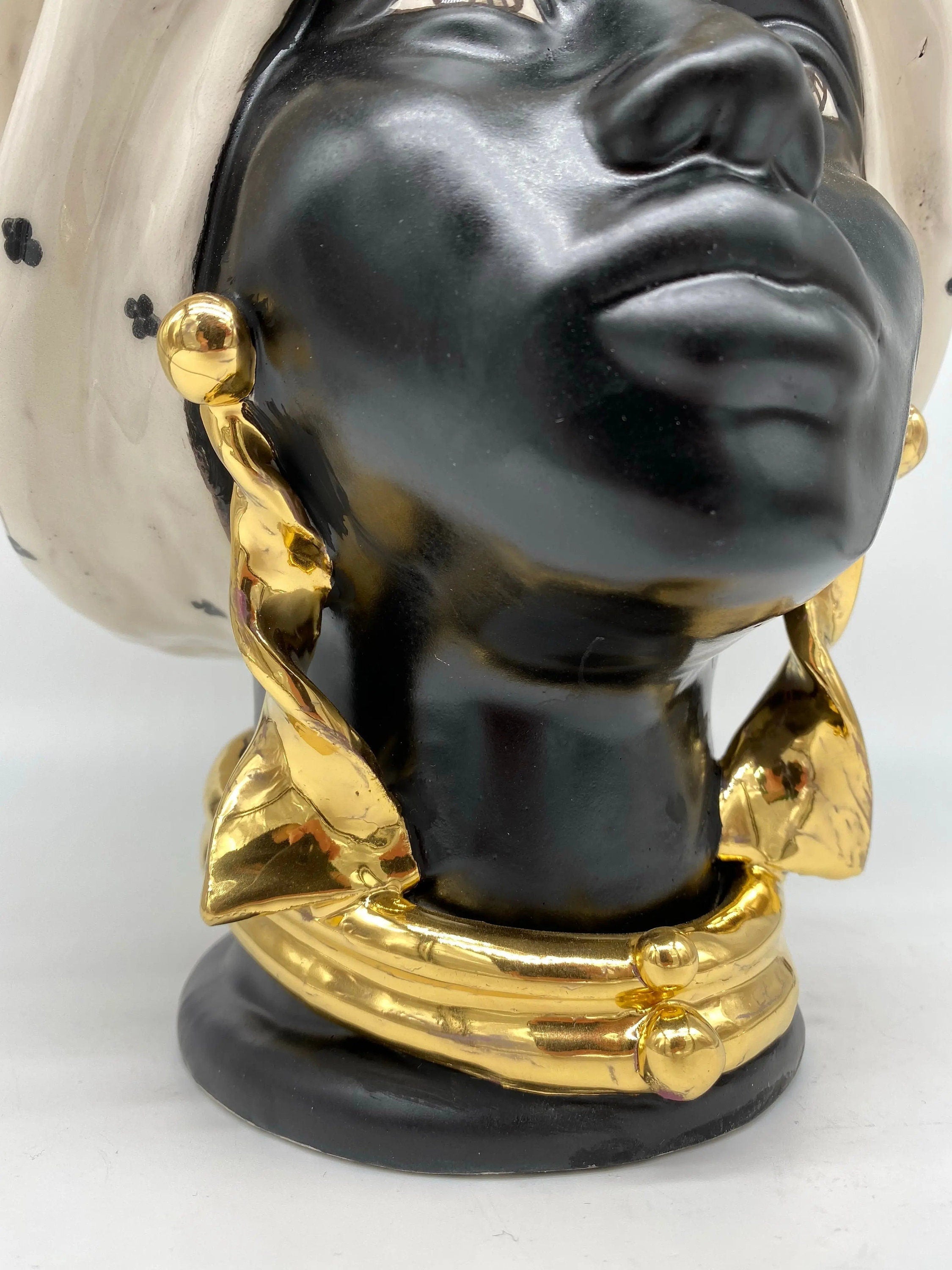 Teste di Moro Atena Ceramica Caltagirone cm H.40 L.28 Artigianale Écru Nero Oro DD CERAMICHE SICILIANE