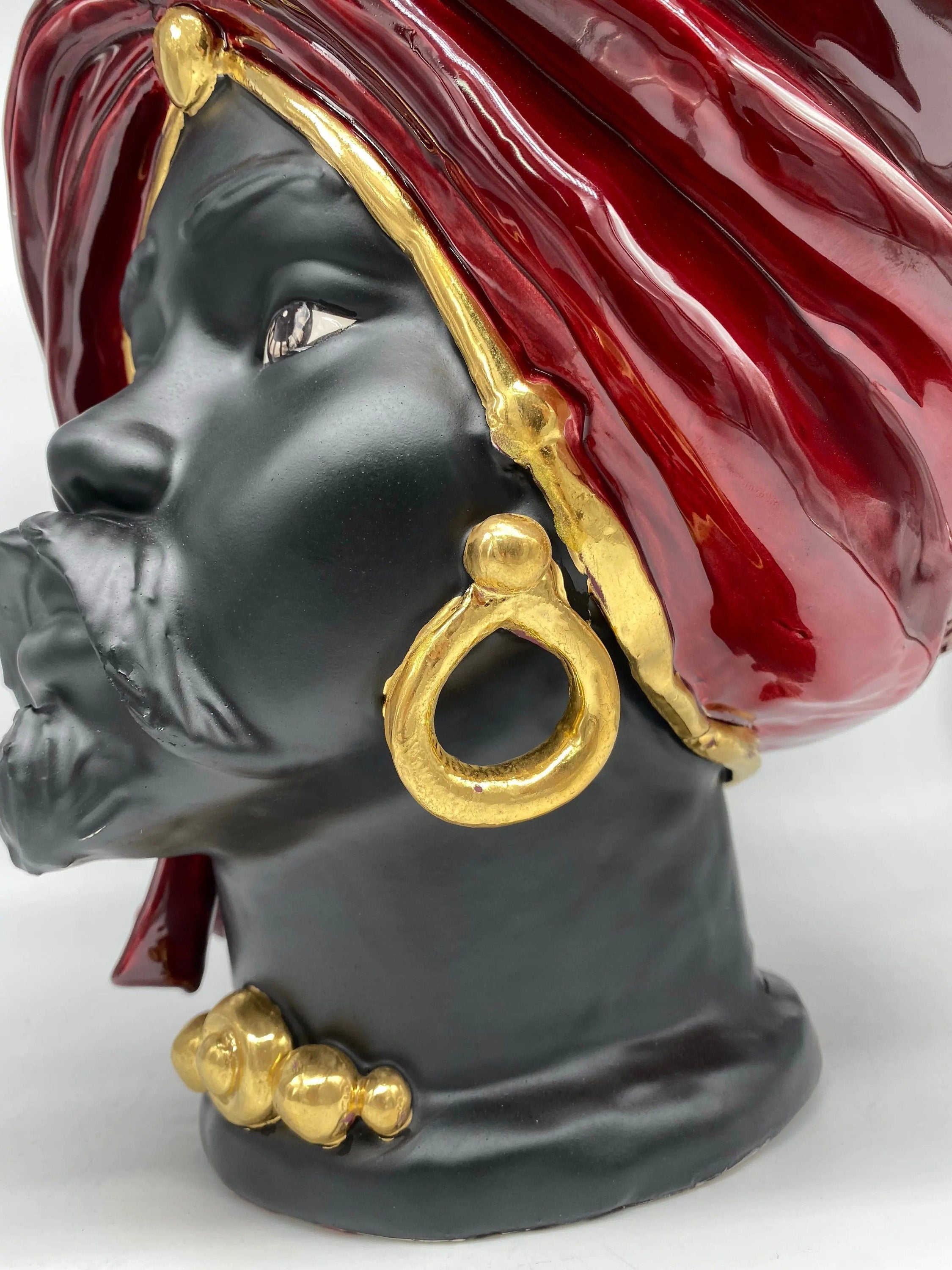 Teste di Moro Atena Ceramica Caltagirone cm H.40 L.28 Artigianale Bordeaux Nero Oro DD CERAMICHE SICILIANE