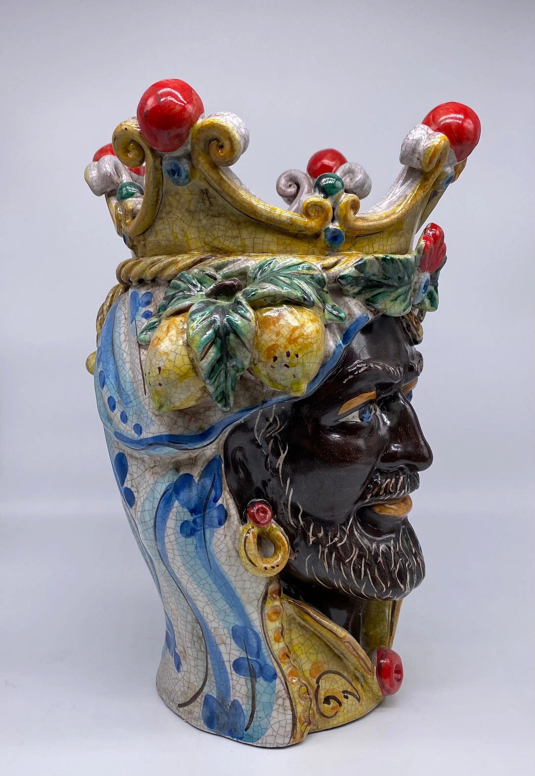 Teste di Moro Classica Ceramica Caltagirone cm H.33 L.23 Artigianale Craquelé DD CERAMICHE SICILIANE