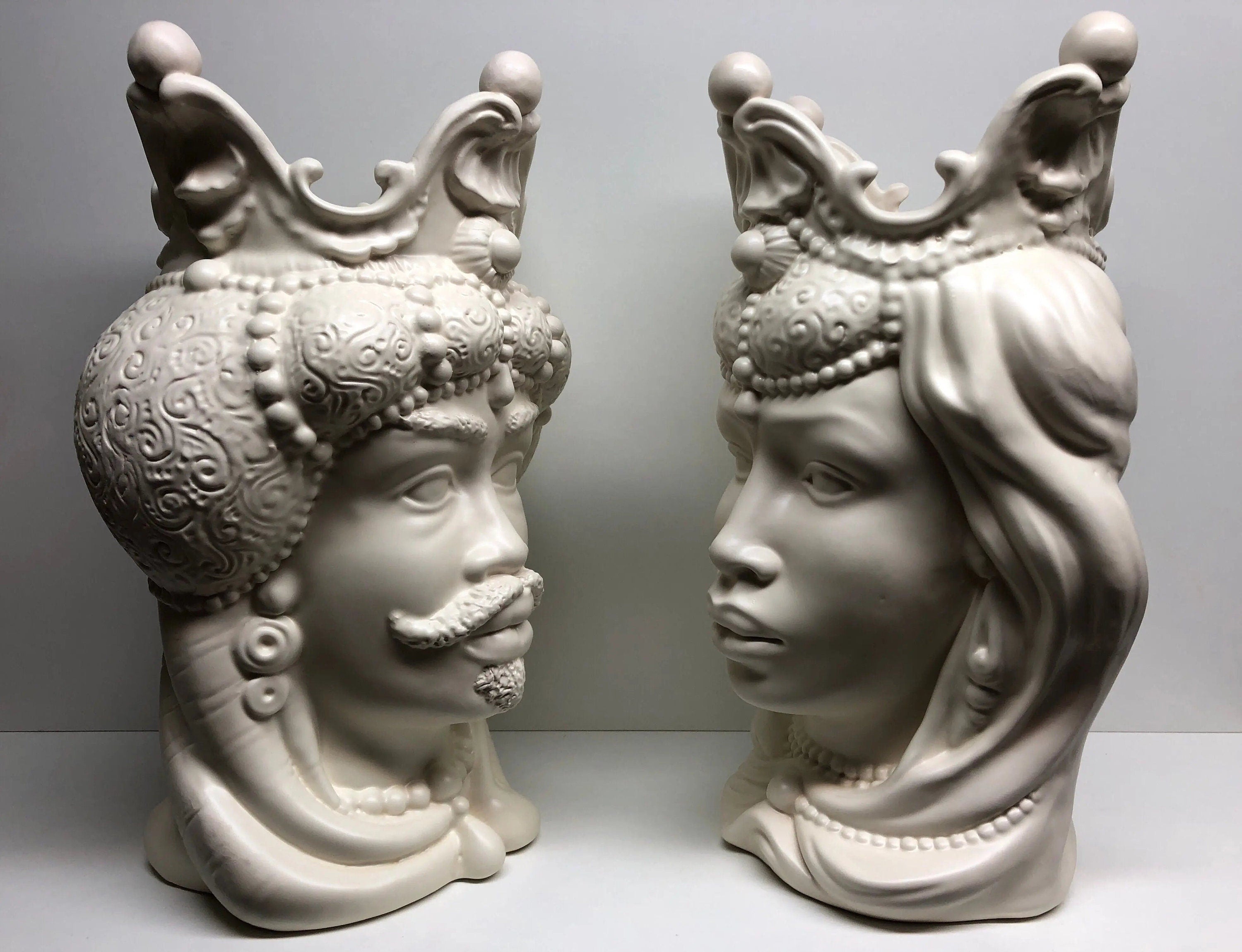 Teste di Moro Emiro Ceramica Caltagirone cm H.45 L.29 Artigianale Bianco Opaco DD CERAMICHE SICILIANE