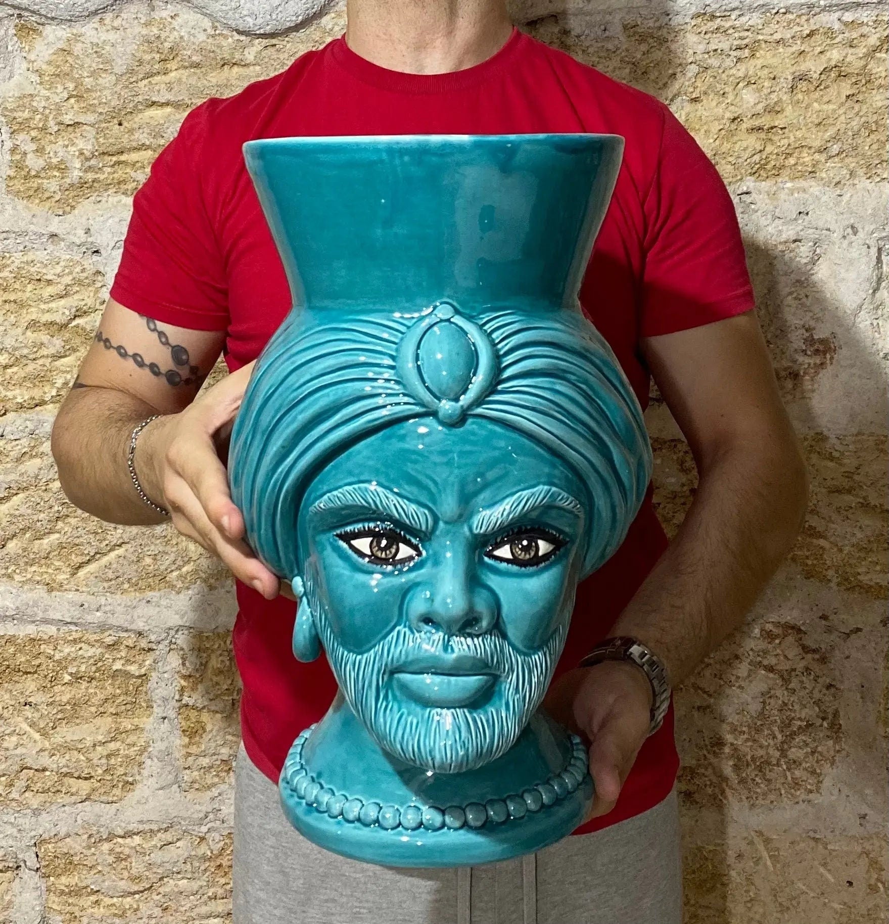 Teste di Moro Iris Ceramica Caltagirone cm H.40 L.23 Artigianale Verde Smeraldo DD CERAMICHE SICILIANE