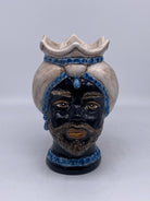 Teste di Moro Luis Ceramica Caltagirone cm H.22 L.15 Artigianale Turbante Liscio Écru Blu DD CERAMICHE SICILIANE