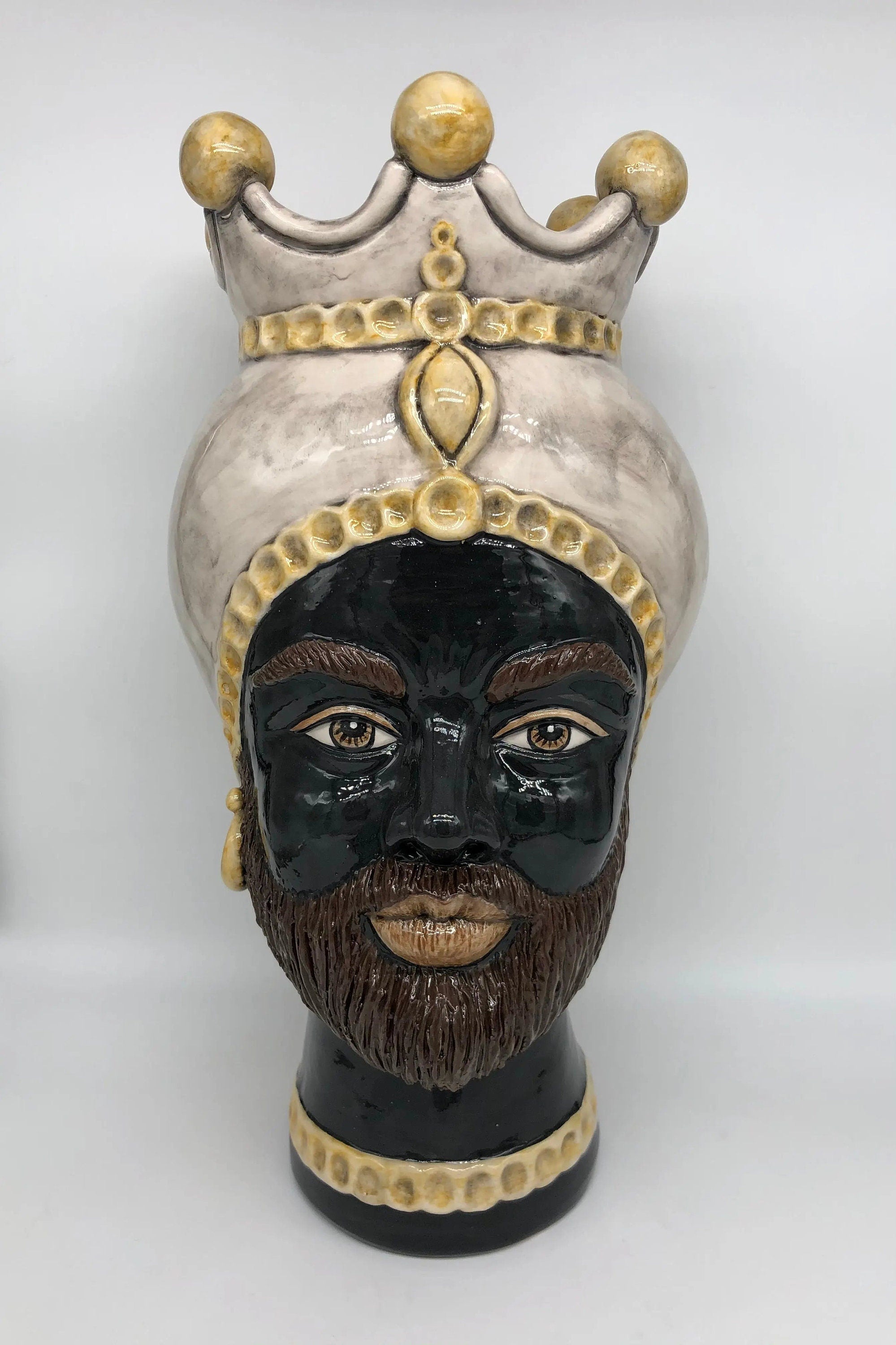 Teste di Moro Luis Ceramica Caltagirone cm H.44 L.23 Artigianale Turbante Liscio Écru Giallo DD CERAMICHE SICILIANE