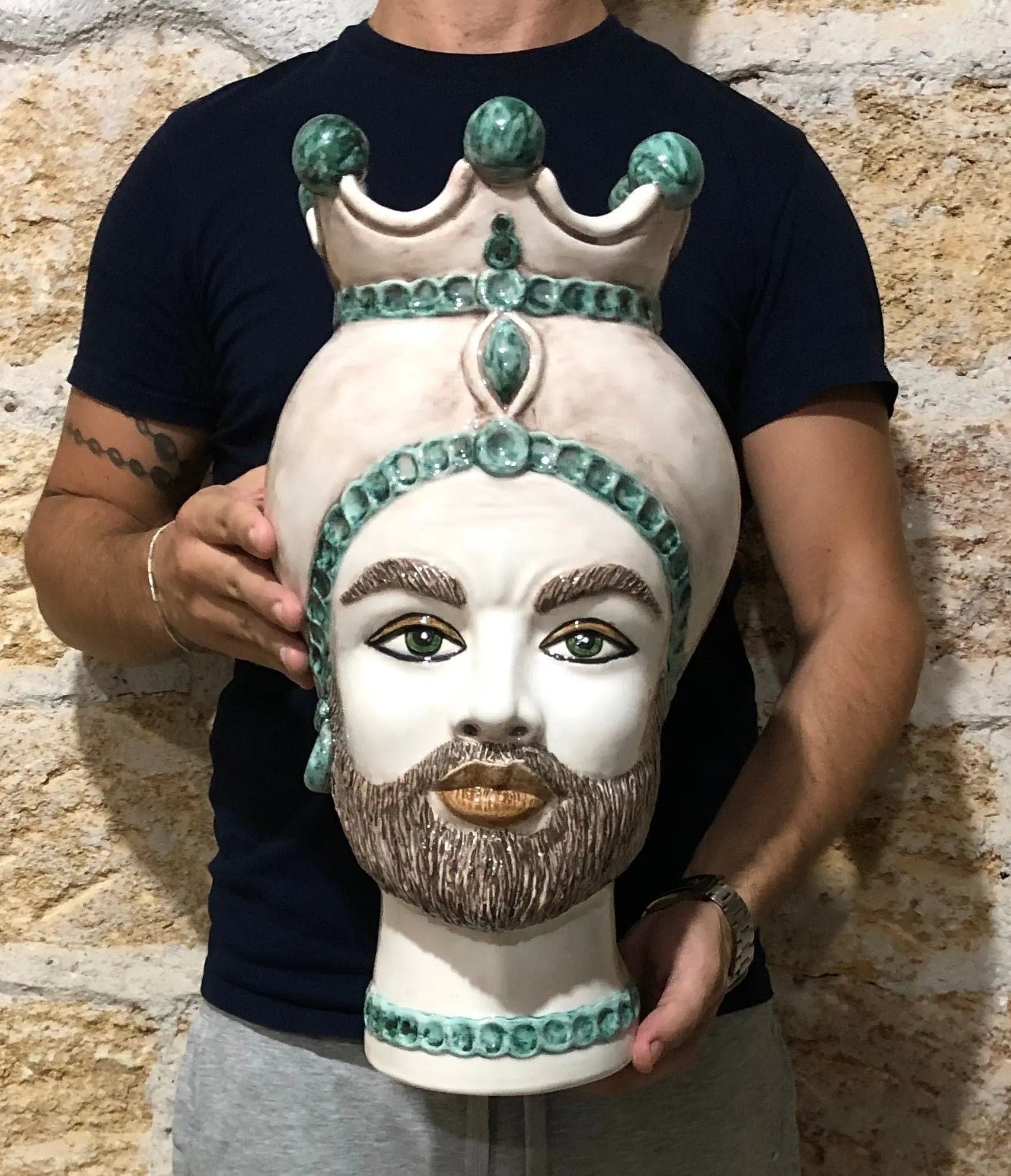 Teste di Moro Luis Ceramica Caltagirone cm H.44 L.23 Artigianale Turbante Liscio Écru Verde DD CERAMICHE SICILIANE