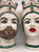 Teste di Moro Luis Ceramica Caltagirone cm H.44 L.23 Artigianale Turbante Liscio Écru Verde DD CERAMICHE SICILIANE
