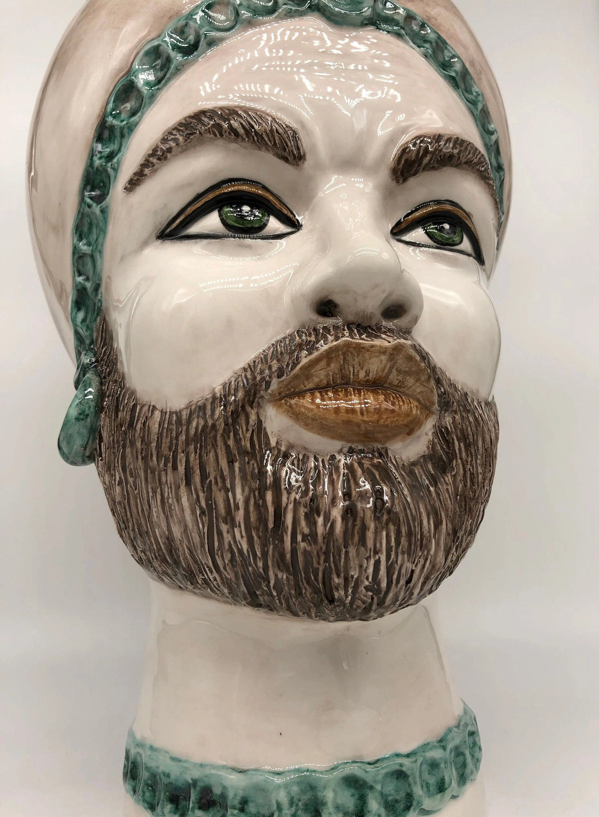 Teste di Moro Luis Ceramica Caltagirone cm H.44 L.23 Artigianale Turbante Liscio Écru Verde DD CERAMICHE SICILIANE
