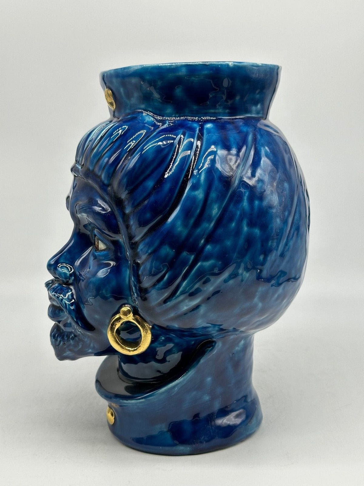 Teste di Moro Mediterraneo Ceramica Caltagirone cm H.29 L.22 Artigianale Blu Oro - DD CERAMICHE SICILIANE