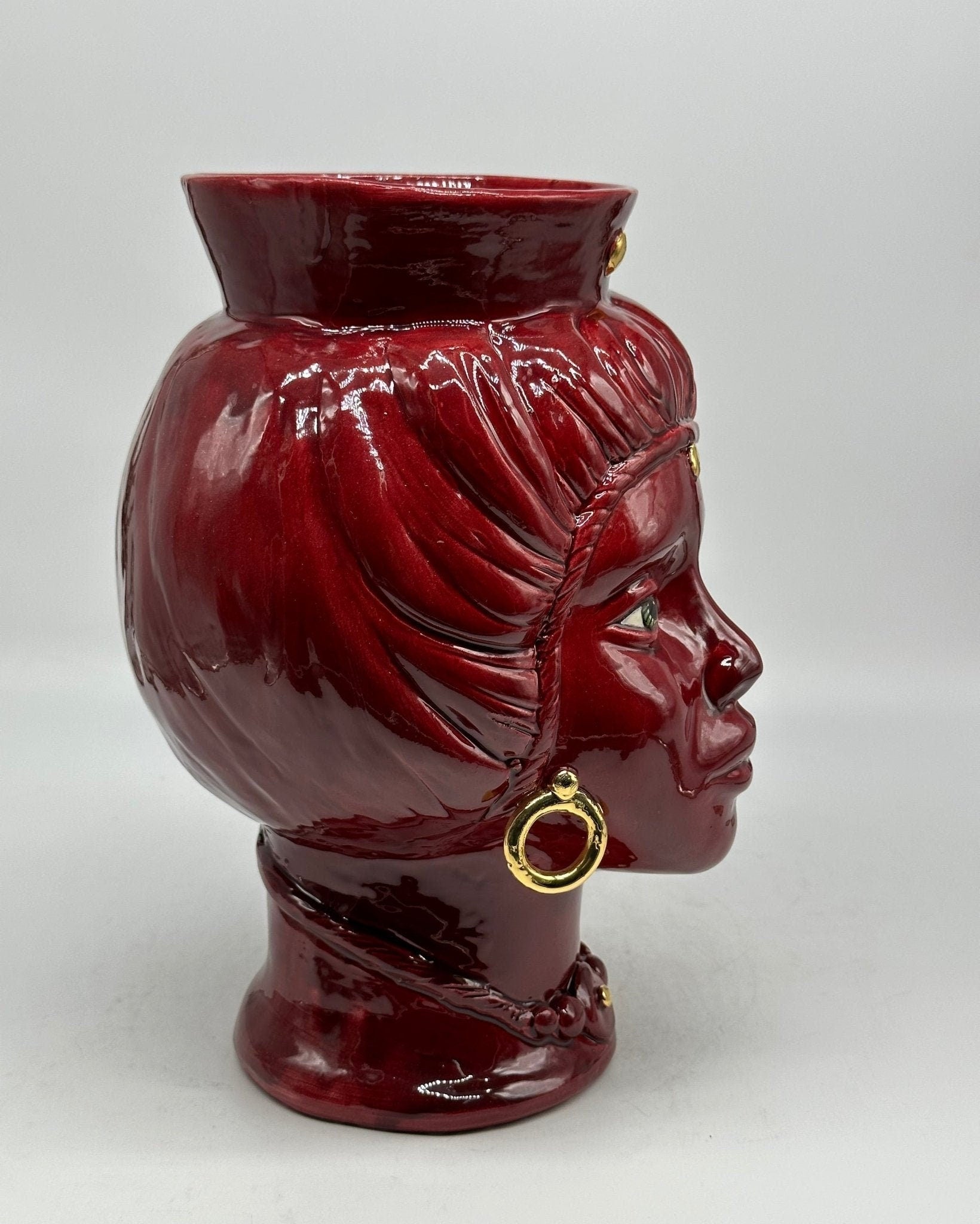 Teste di Moro Mediterraneo Ceramica Caltagirone cm H.29 L.22 Artigianale Bordeaux Oro - DD CERAMICHE SICILIANE