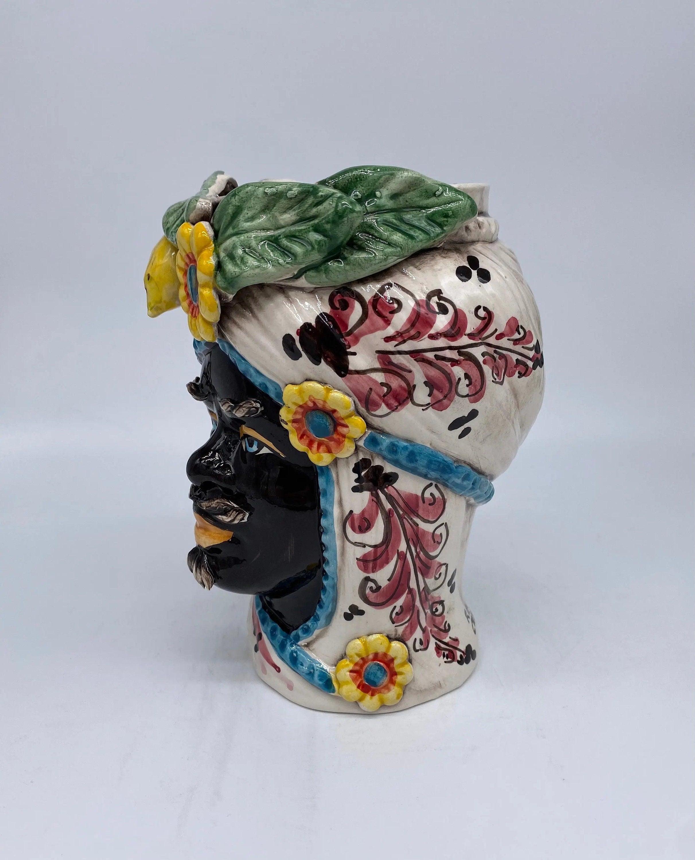 Teste di Moro Moresca Ceramica Caltagirone cm H.20 L.12 Artigianale Turbante Barocco Fiori Limoni DD CERAMICHE SICILIANE