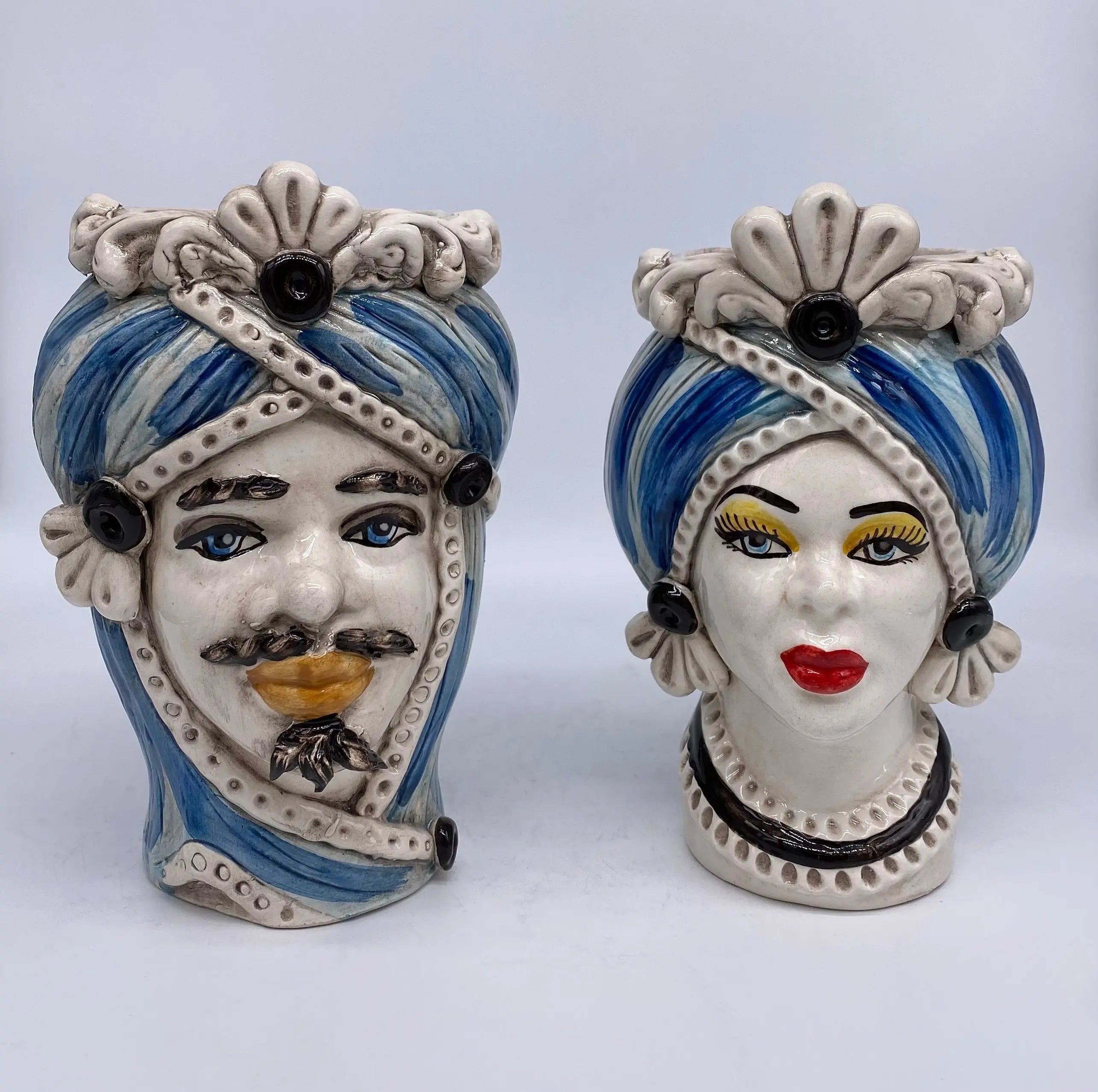 Teste di Moro Moresca Ceramica Caltagirone cm H.20 L.12 Artigianale Turbante Azzurro DD CERAMICHE SICILIANE