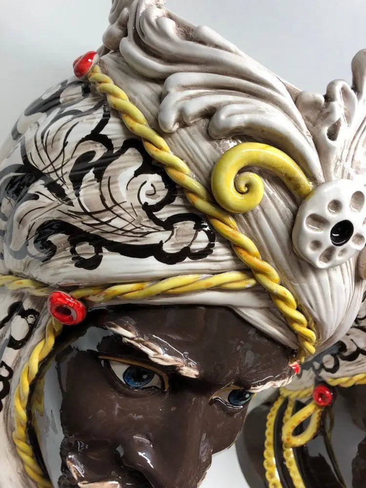 Teste di Moro Moresca Ceramica Caltagirone cm H.49 L.33 Artigianale Decorazione Barocco dettagli Giallo DD CERAMICHE SICILIANE