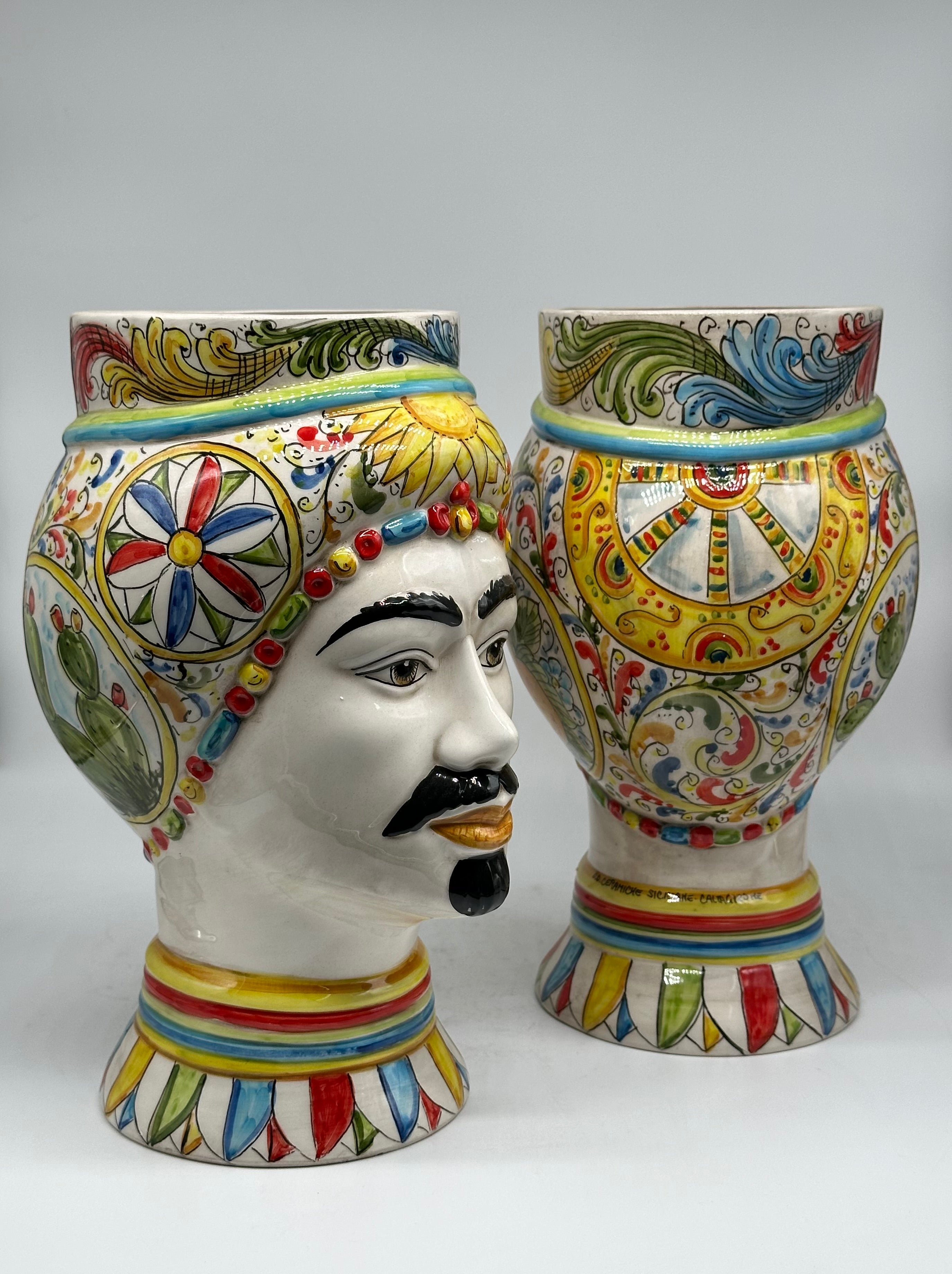 Teste di Moro Token Ceramica Caltagirone cm H.31 L.18 Artigianale Decoro Carretto V.2 - TESTA DI MORO