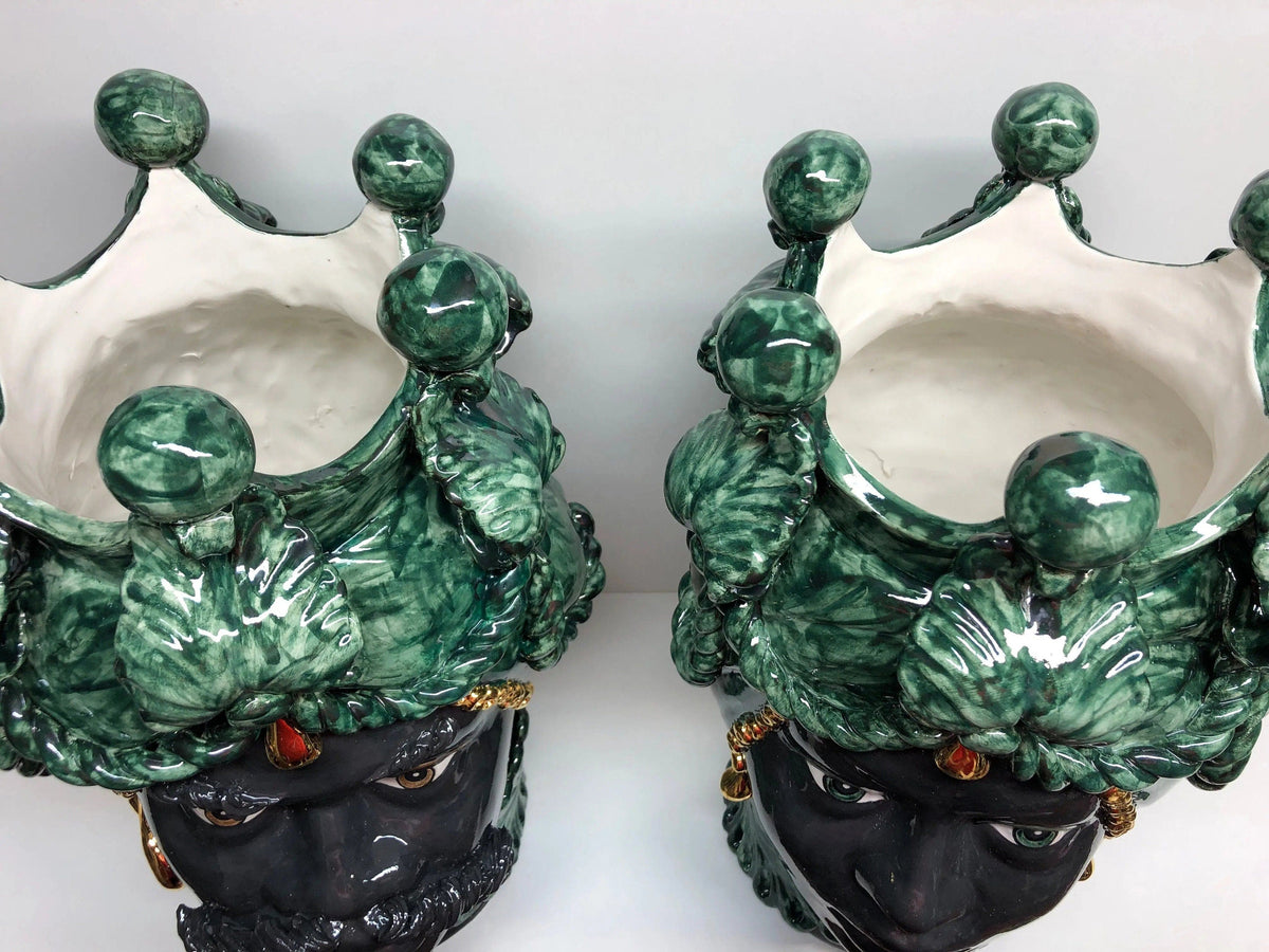 Teste di Moro Zefiro Ceramica Caltagirone cm H.43 L.26 Artigianale Verde Nero Oro DD CERAMICHE SICILIANE