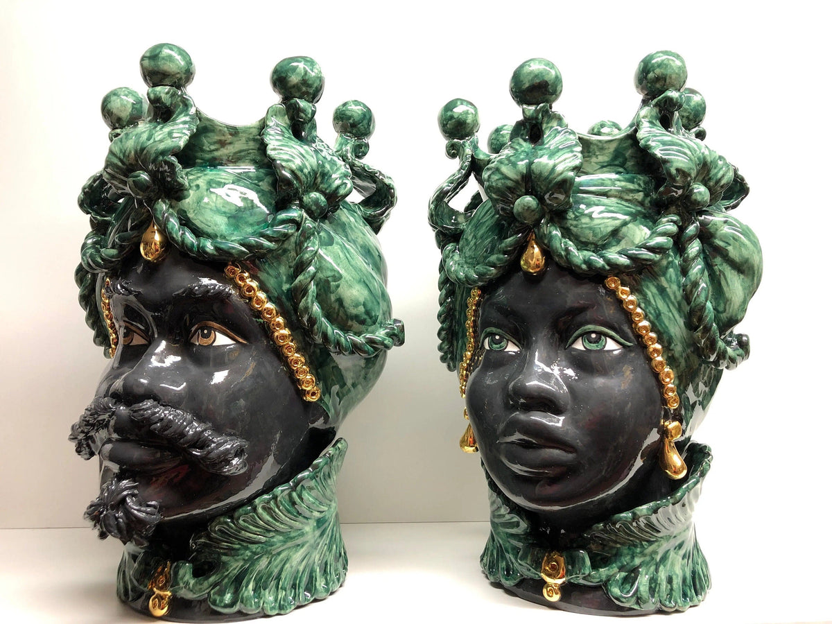 Teste di Moro Zefiro Ceramica Caltagirone cm H.43 L.26 Artigianale Verde Nero Oro DD CERAMICHE SICILIANE